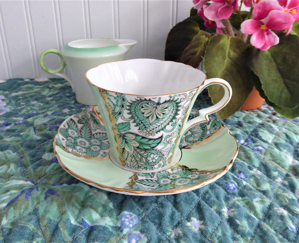 Cup And Saucer Green Paisley Chintz Panels 1950s Vintage Royal