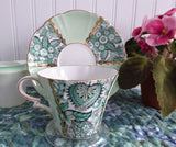 Cup And Saucer Green Paisley Chintz Panels 1950s Vintage Royal Standard Gold Overlay