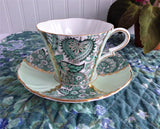 Cup And Saucer Green Paisley Chintz Panels 1950s Vintage Royal Standard Gold Overlay