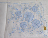 Blue And White Floral Applique Handkerchief Hand Embroidered 1950s Original Sticker Hanky