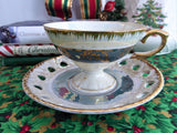 Luster Cup And Saucer Norcrest 1950s Heart Cutouts Gold Overlay Brush Gold