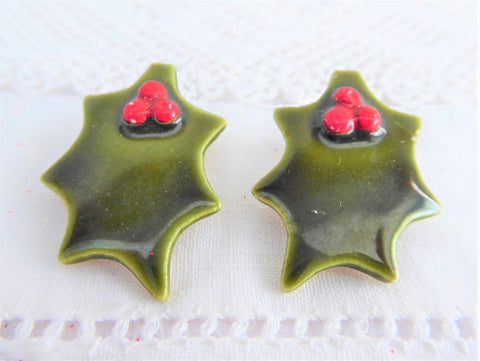 Vintage Porcelain Holly Earrings 1950s Red Berries Christmas Holiday Red Green