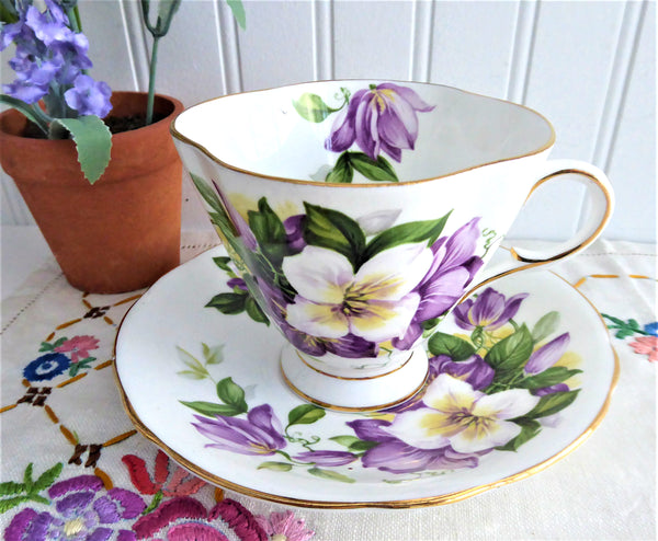 Purple Clematis Blooms Cup And Saucer English Bone China 1950s