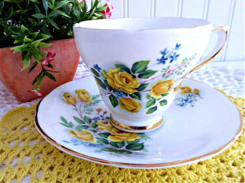 Yellow Rose Bouquet Cup And Saucer 1950s Forget Me Nots English Bone China