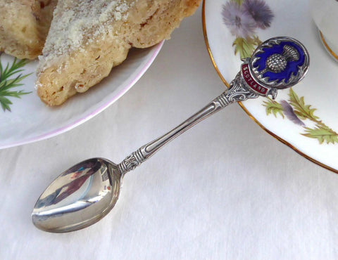 Sterling Silver Spoon Mappin And Webb Enamel Thistle Finial Scotland Souvenir 1959