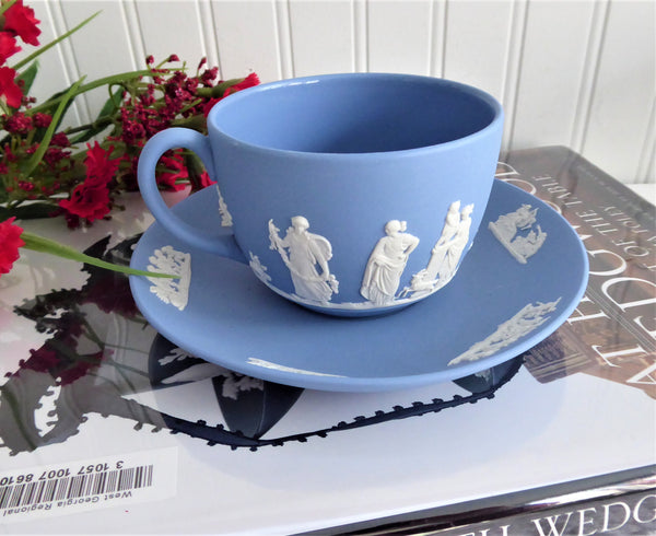 Cup and Saucer Wedgwood Blue Jasperware Sacrifice Figures Cherubs