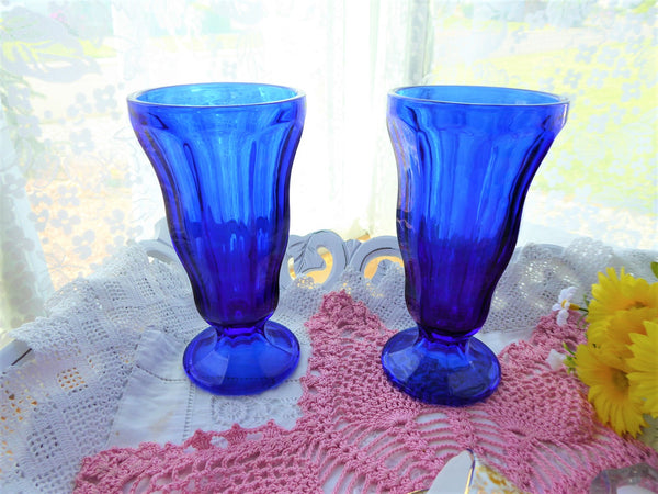 Pair Cobalt Blue Glass Soda Tumblers Anchor Hocking Fountainware