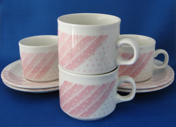 Cup And Saucer Set Of 4 Pink Polka Dots Stripes Shades Churchill