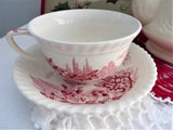 Cup And Saucer Castle On The Lake Pink Red Transferware Johnson Brothers UK 1960s