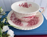 Cup And Saucer Castle On The Lake Pink Red Transferware Johnson Brothers UK 1960s