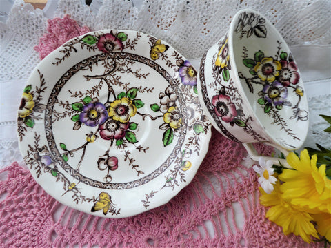 Floral Transferware Cup And Saucer Medway Meakin 1960s Polychrome Ironstone