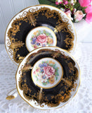 Paragon Cup And Saucer Black Floral Gold Overlay Queen Elizabeth Warrant 1960s