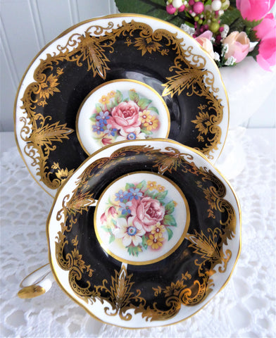 Paragon Cup And Saucer Black Floral Gold Overlay Queen Elizabeth Warrant 1960s