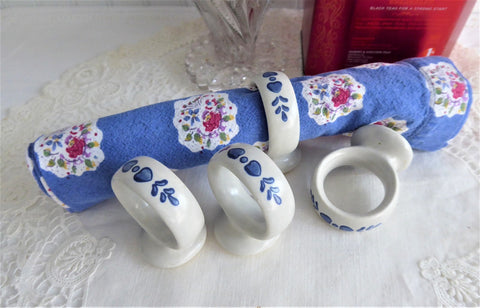 4 Napkin Rings Pfaltzgraff Yorktowne 1960s USA Blue White Stoneware Hearts TLC