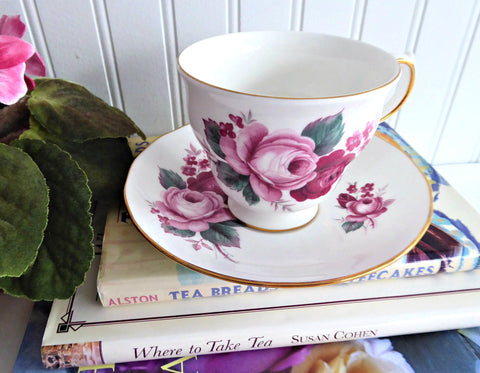 Lush Pink Burgundy Roses Queen Anne English Bone China Cup And Saucer 1960s