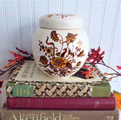 Sadler Tea Caddy Fall Colors Ginger Jar Flowers Foliage 1960s Ceramic Tea Canister