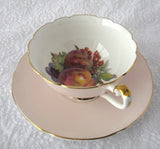 Shelley Pink Fruit Center Cup and Saucer Boston Shape Gold Trim 1960s