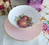 Shelley Pink Fruit Center Cup and Saucer Boston Shape Gold Trim 1960s