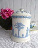 Wedgwood Queen's Ware Cylinder Box Tea Caddy 1960s Blue On White Sacrifice Figures