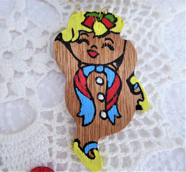 Christmas Ornaments 1960s Painted Wood Handmade Set Of 5 Double