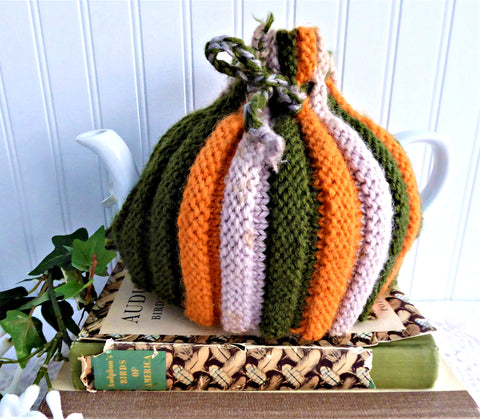 Knitted English Tea Cozy Retro Orange Olive Green Tan Cosy Stretchy 1950s Teapot Warmer