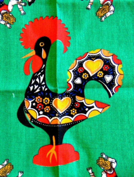 Tea Towel Retro Rooster Portuguese Dancers Green Red 1960s Dish
