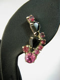 Retro Rhinestones Earrings Pink Black Round And Pear Shape Crescent 1950s Clip