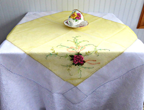 Table Scarf Embroidered Roses 1950s Organdy Petit Point 28 Inch Square Topper Swiss