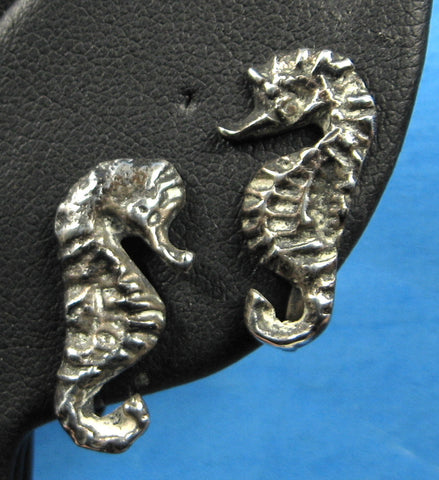 Hawaiian Figural Sea Horses Earrings Sterling Silver Hand Made 1960s Lost Wax