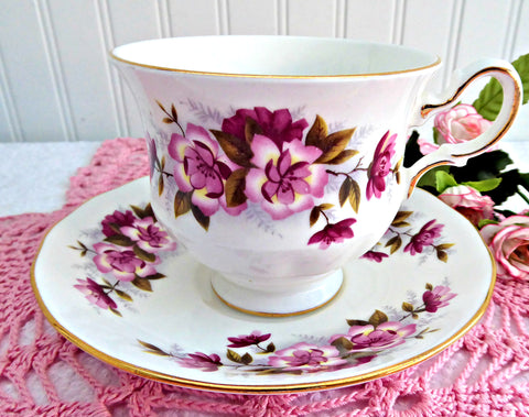 Teacup Pink Magenta Floral  Queen Anne English Bone China Cup And Saucer 1960s