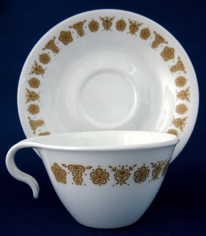 Corelle Butterfly Gold Hook Handle Cup And Saucer Milk Glass 1970s Living Ware