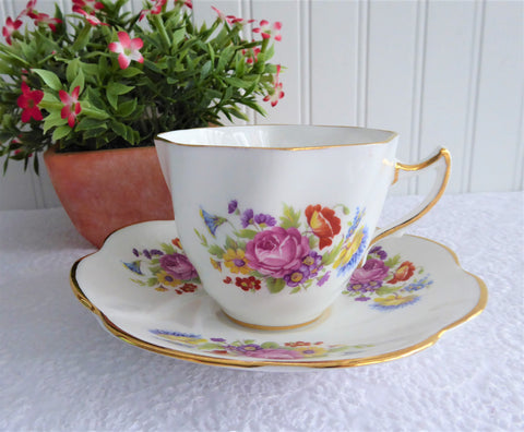 English Bone China Teacup Clare Vintage 1970s Pink Rose Poppy Mixed Bouquets