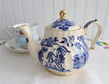 Sadler Blue Willow Teapot Willow 1970s Tea For Two  Gold Trim Blue And White