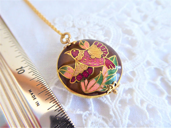 Cloisonne Enamel Bird Pendant Necklace Brown Sided With Gold