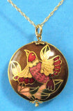 Cloisonne Enamel Bird Pendant Necklace Brown 2 Sided With Gold Filled Chain 1975