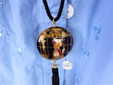 Black Cloisonne Necklace Art Nouveau Silk Cord Vintage 1970s Double Sided