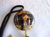 Black Cloisonne Necklace Art Nouveau Silk Cord Vintage 1970s Double Sided