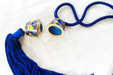 Blue Cloisonne Enamel Necklace Floral 2 Piece Barrel Unscrews Long Blue Silk Cord