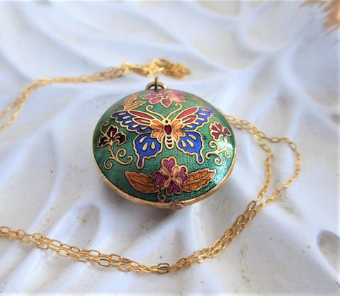 Butterfly Necklace 1970s Chinese Cloisonne Green Enamel Necklace Puffy Pendant