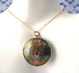 Butterfly Necklace 1970s Chinese Cloisonne Green Enamel Necklace Puffy Pendant