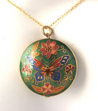 Butterfly Necklace 1970s Chinese Cloisonne Green Enamel Necklace Puffy Pendant