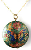 Butterfly Necklace 1970s Chinese Cloisonne Green Enamel Necklace Puffy Pendant