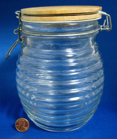 Jar Tea Caddy Canister 6 Inch Ribbed Glass Wooden Lid Kitchen Storage 1980s
