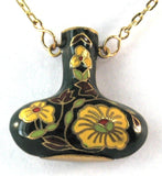 Green Cloisonne Vase Urn Pendant Necklace Hollow Vase Floral Gold Chain 1970s