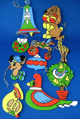 Wood Ornaments Set of 10 Hand Painted 1970s Christmas Tree Bird Bell Puppy USA
