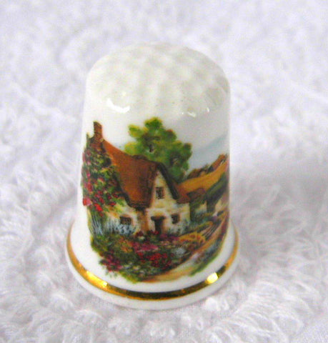 Thimble English Thatched Cottage Bone China Sewing Thimble 1970s England Souvenir