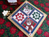 Christmas Quilt Tile Trivet Retro Country Snowman Mid Century 1980s Wood Frame