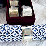 Boxed 4 Godinger Silver Plate Napkin Rings Mint In Box Engraved rings Velvet Box