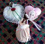 Romantic Christmas Ornaments 3 Satin Pearls Lace 1980s Victorian Style Box Heart Face Pink