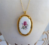 Pink Rose Porcelain Pendant 1980s Crown Staffordshire 24kt Gold Plated Hand Painted